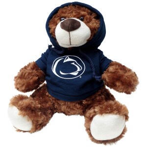 plush bear Bella wearing navy hoodie with white Penn State Athletic Logo